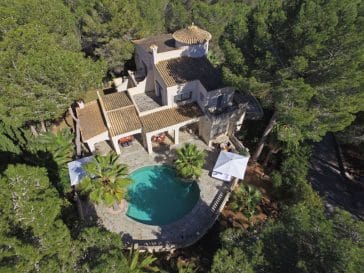 View from above of whole building with pool surrounded by big trees