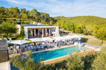 Bird's eye view of porch and outdoor area with pool of Ibizan villa