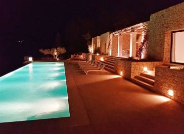 At the pool by night with all lights on