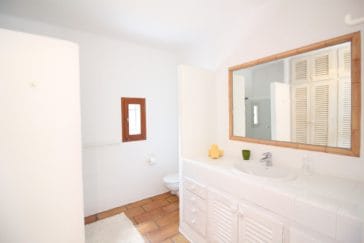 White bathroom with one sink, toilet and hidden shower