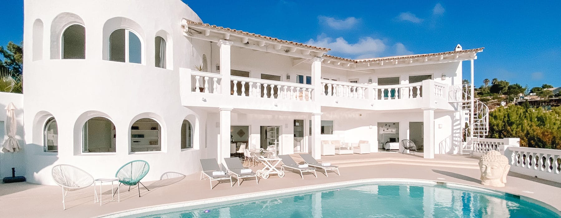 Front view of villa in fully white color and pool