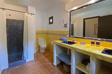 Bathroom with double vanity and shower of yellow and blue tiles