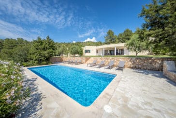 View from the corner of the pool to garden and villa embedded in green lanscape