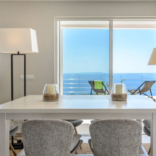 Inner dining table in front of window with sea views
