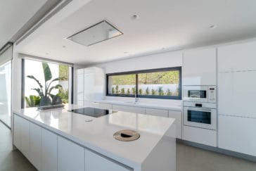 Shiny white modern kitchen with kitchen centre