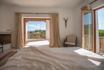 Garden view from the bedroom's terrace of finca Blakstad in Ibiza