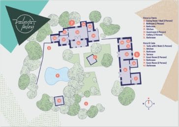 Map that shows 2 separate houses and the nearby outdoor area