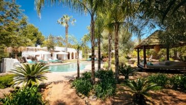 View to pool and main house of Villa Valaris in Ibiza