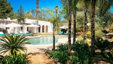 View to pool and main house of Villa Valaris in Ibiza