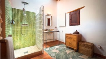 Rustic bathroom with high walls, single vanity and shower with green tiles