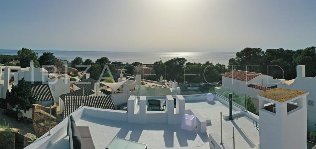 Drone picture that shows the sea view from roof terrace overlooking the trees