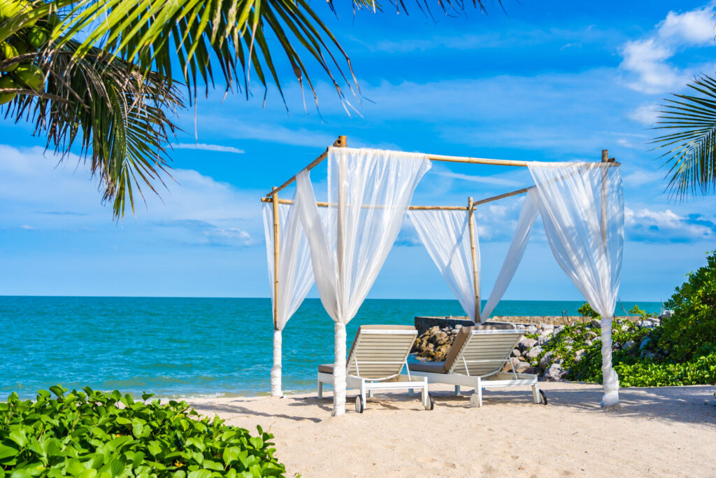 Beautiful Umbrella And Chair Around Beach Sea Ocean With Blue Sk